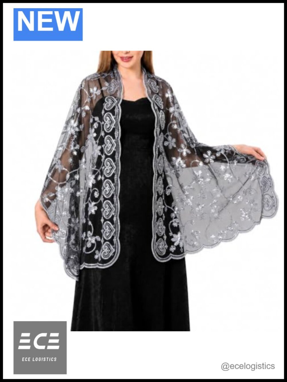 Sequin Embroidered Mesh Shawl Wrap Sheer Scarf